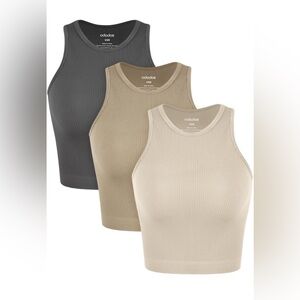 3 Pack Ribbed Tank Top Set - Gray, Tan, Cream. Size M/L. Waist length.
